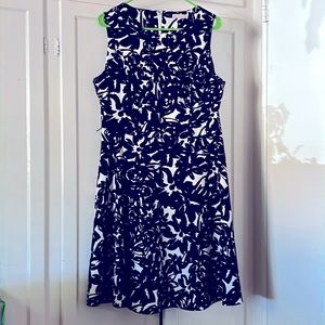 A-line, black and off-white floral dress.